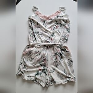 La Vie En Rose Floral Print Sleep Romper with Pink Lace